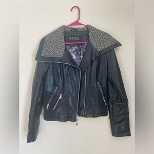 GUESS Black Faux Leather Jacket with Herringbone Collar